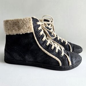 Rockport Shimmer Leather High Top Sneakers With Faux Shearling Trim, Size 11